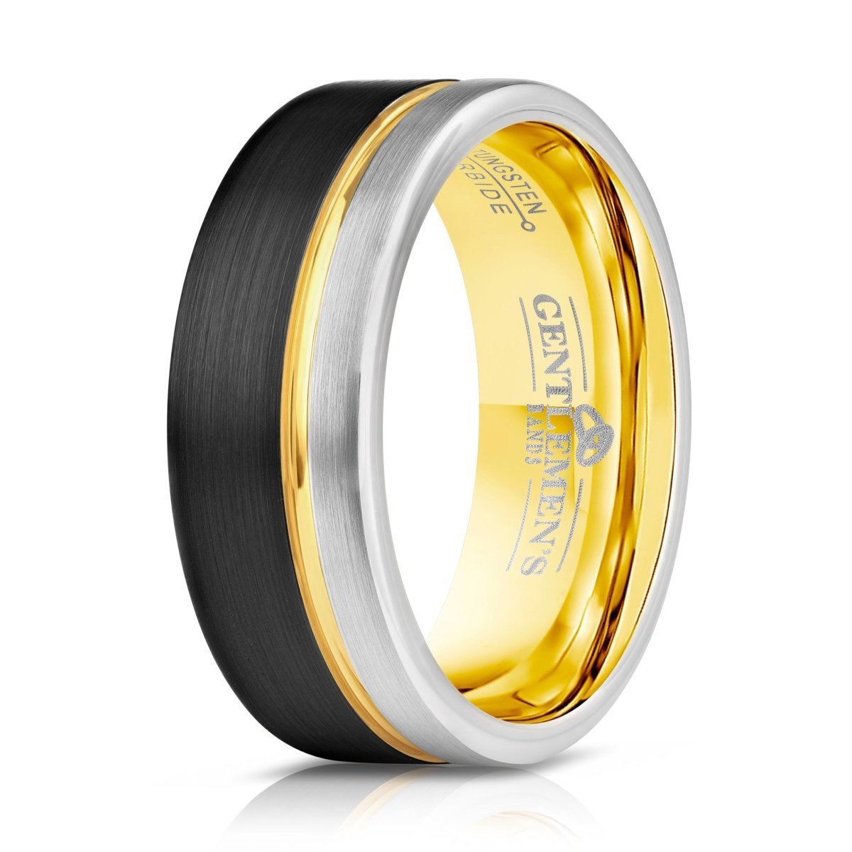 The Icon, a brushed finished ring with a two tone silver and black, features a polished gold groove and gold interior. 