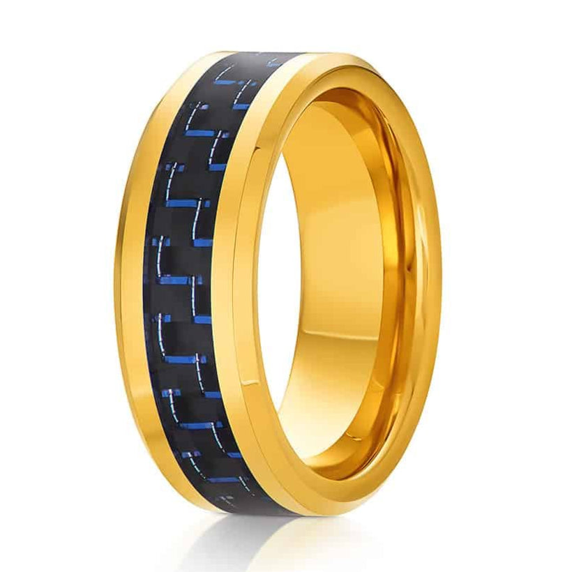 The Infinite, a gold tungsten carbide ring that features a sleek, polished finish and a black and blue carbon fiber inlay.