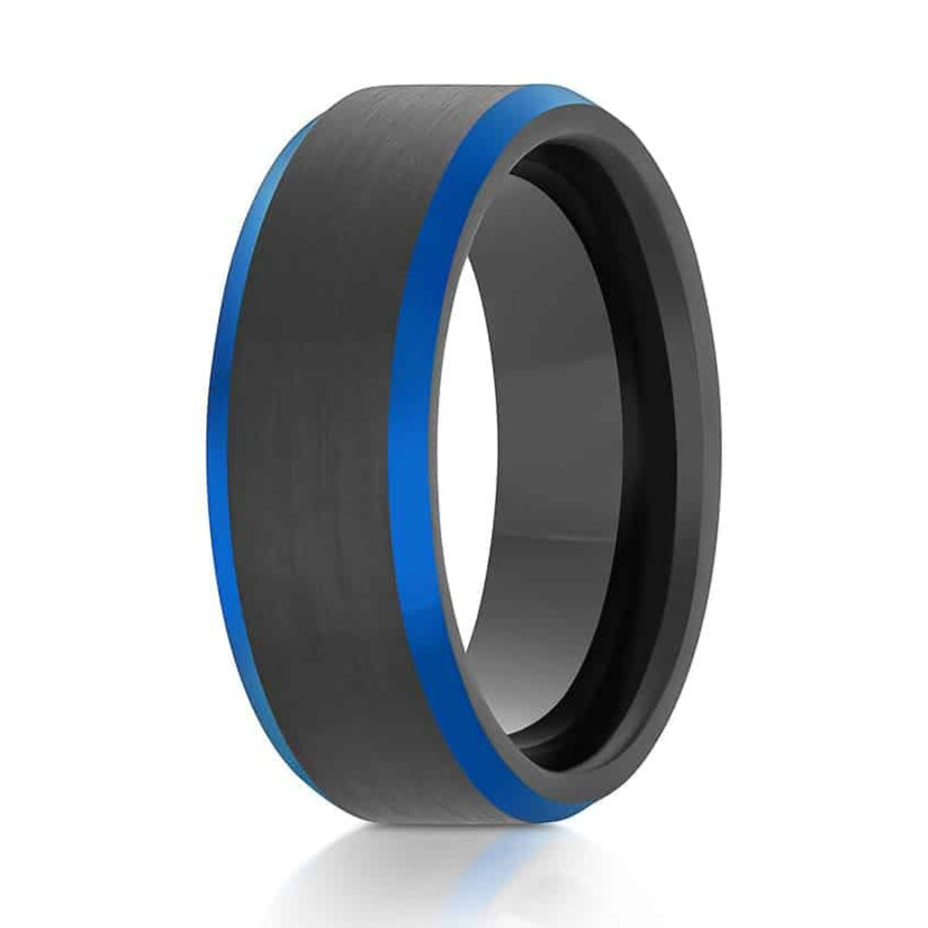 The Lode, a black and blue tungsten carbide ring that features a black brushed center and polished blue edges.