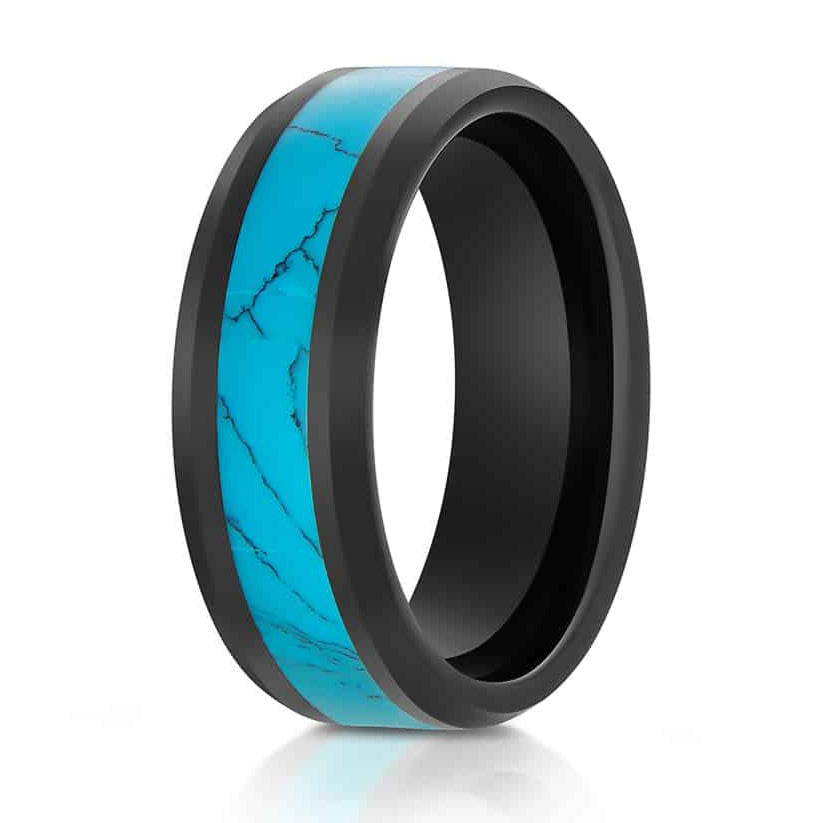 The Oasis, a black tungsten carbide ring that features a polished finish and a vivid blue turquoise inlay.