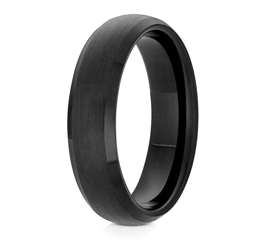 The Palo, a 6mm black tungsten carbide ring that features a brushed center and polished edges and band.