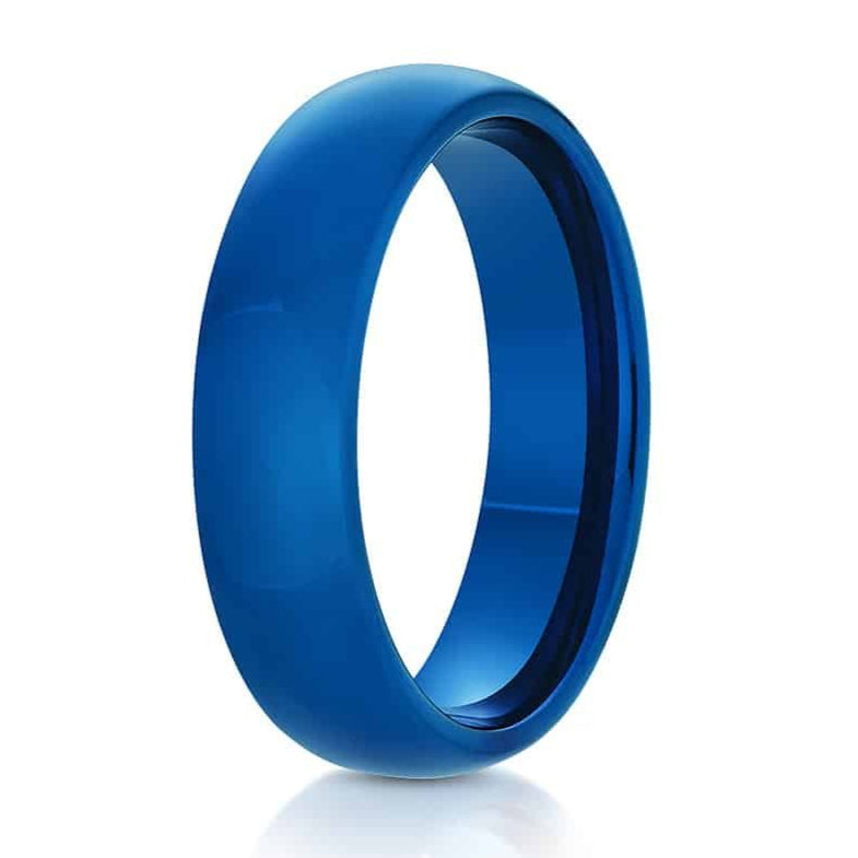 The Pikes Peak, a 6mm blue tungsten carbide ring with a classic domed design and polished finish.