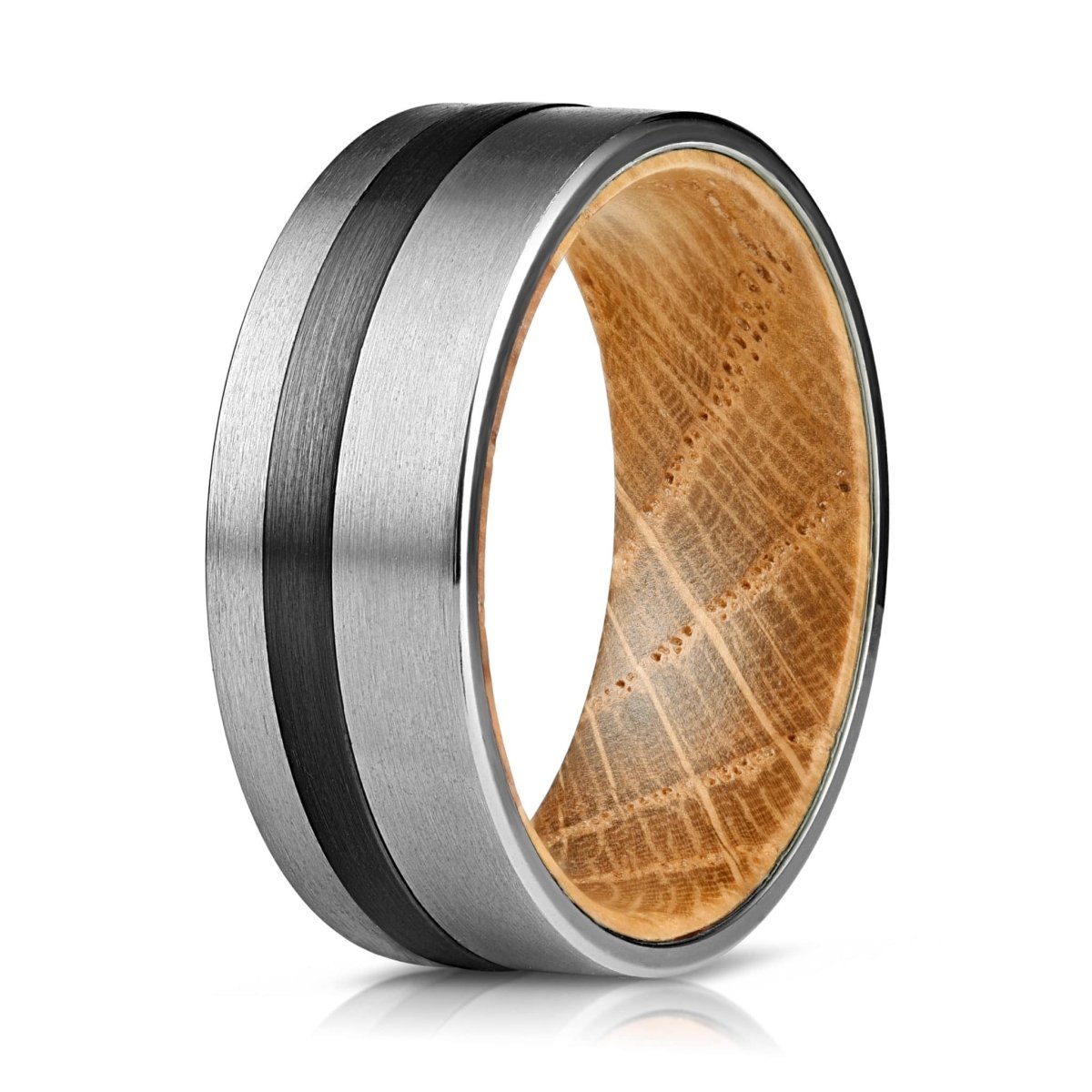 The Rebellion, a silver tungsten carbide scratch resistant ring with a black tungsten inlay and whiskey barrel wood  insert with a brushed finish.