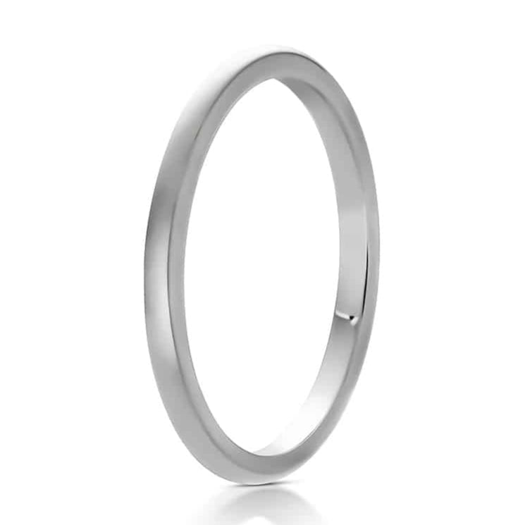 The Rory, a thin, polished, silver tungsten unique wedding ring on a white background.