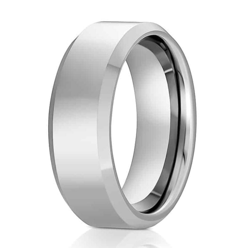 The Savant, mens tungsten , scratch resistant wedding band with a white background.