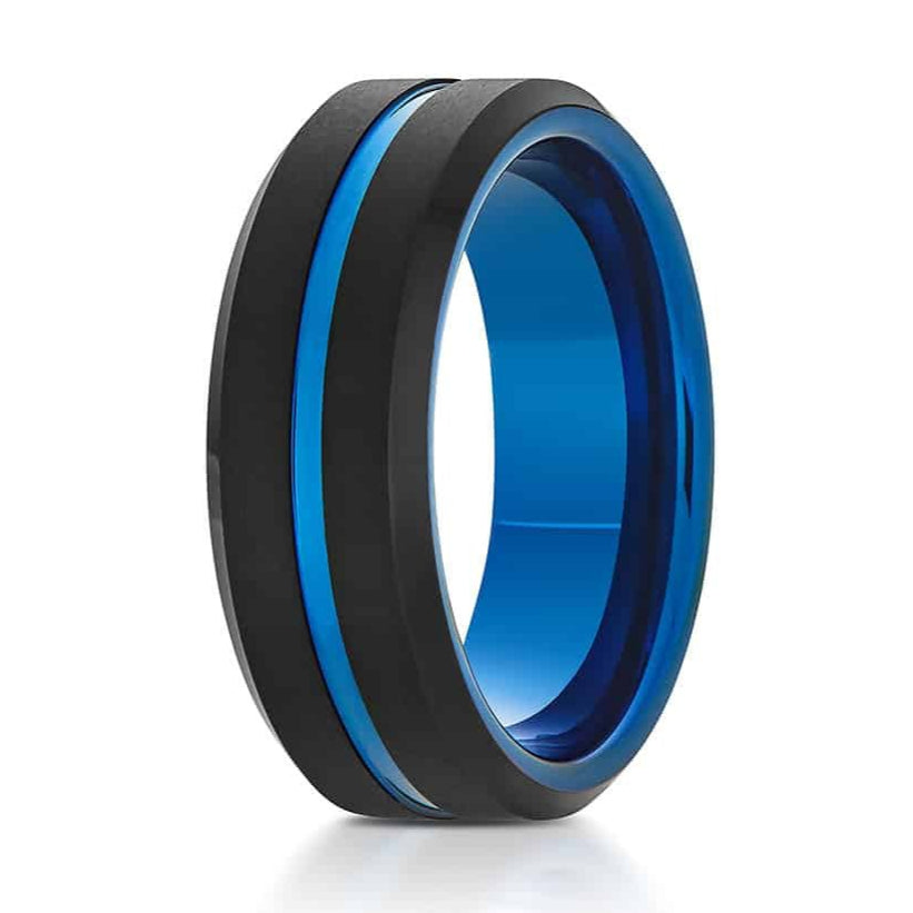 The Zayden, a black tungsten carbide ring with a brushed center and polished edges, with a polished blue grooved center and blue band.