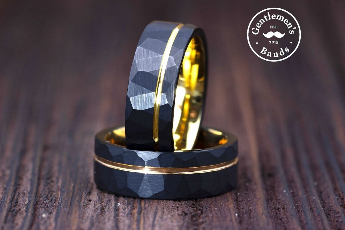 Black Tungsten Wedding popular Ring,Yellow Gold Tungsten Ring,Anniversary Ring,Black Wedding Ring,18K Yellow Gold,Hammered Tungsten Ring,Unique Ring