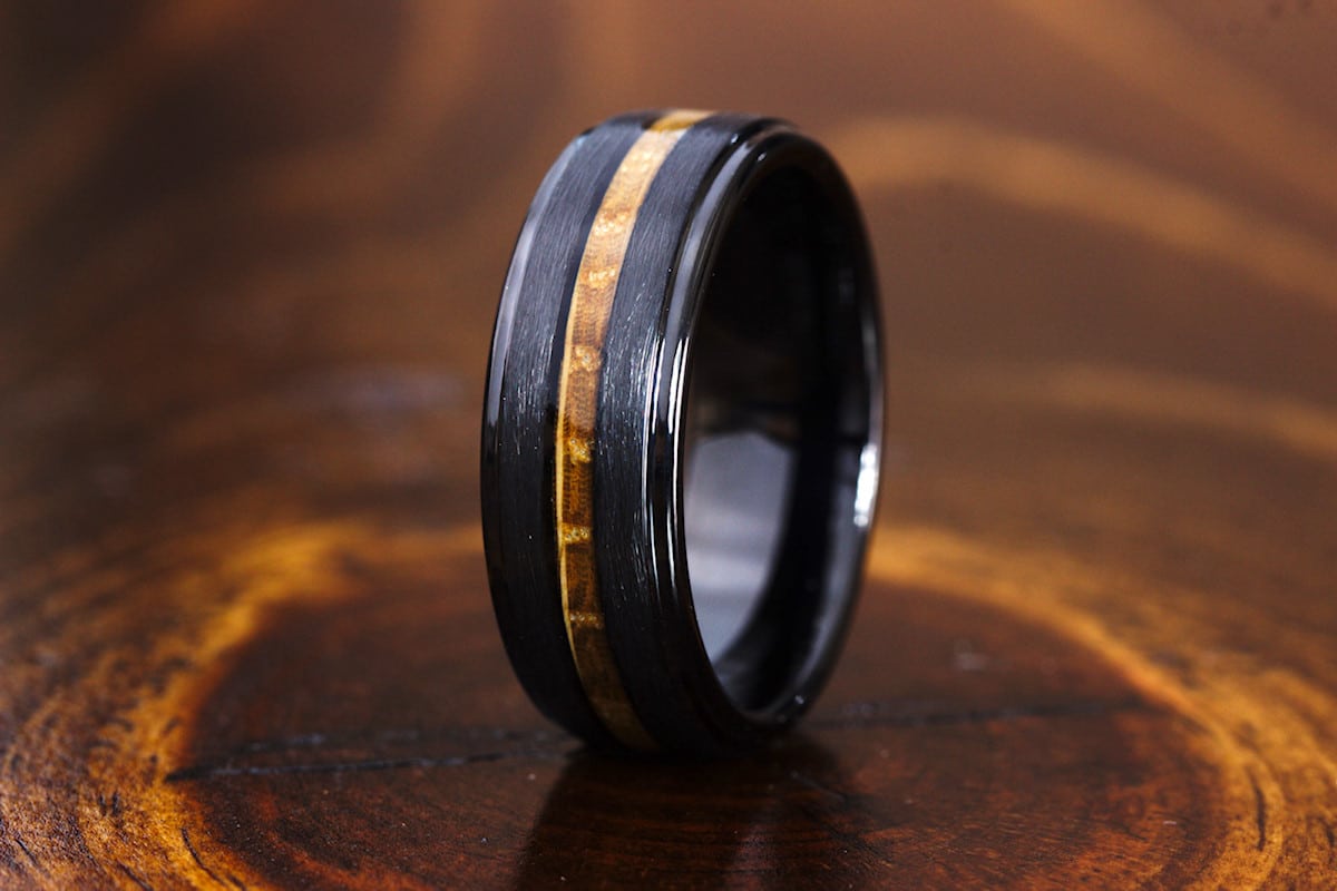 Mens wedding bands wood on sale inlay