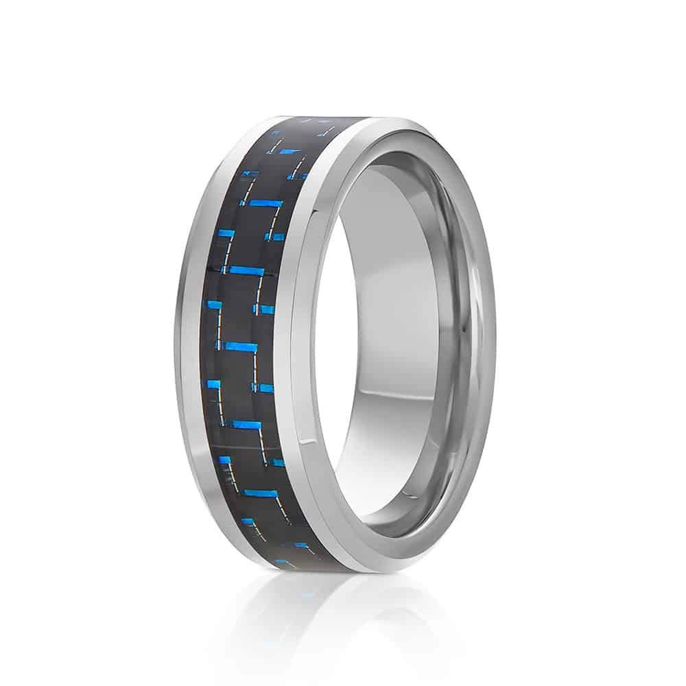 The Brilliant | Silver Tungsten Rings with Blue Carbon Fiber Inlay | Gentlemen's Bands