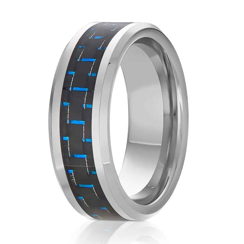 The Brilliant | Silver Tungsten Rings with Blue Carbon Fiber Inlay | Gentlemen's Bands