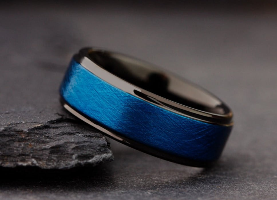 Mens black and on sale blue tungsten wedding bands