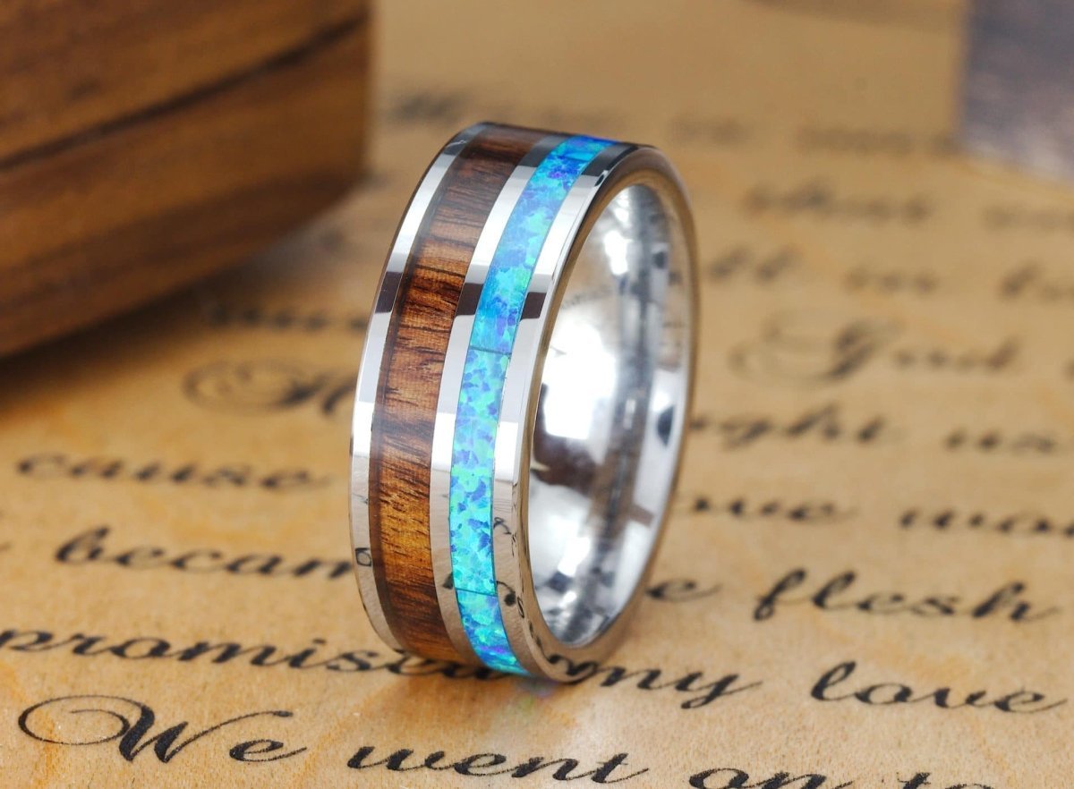 The Aloha | Blue Fire Opal Tungsten Ring | Gentlemen's Bands