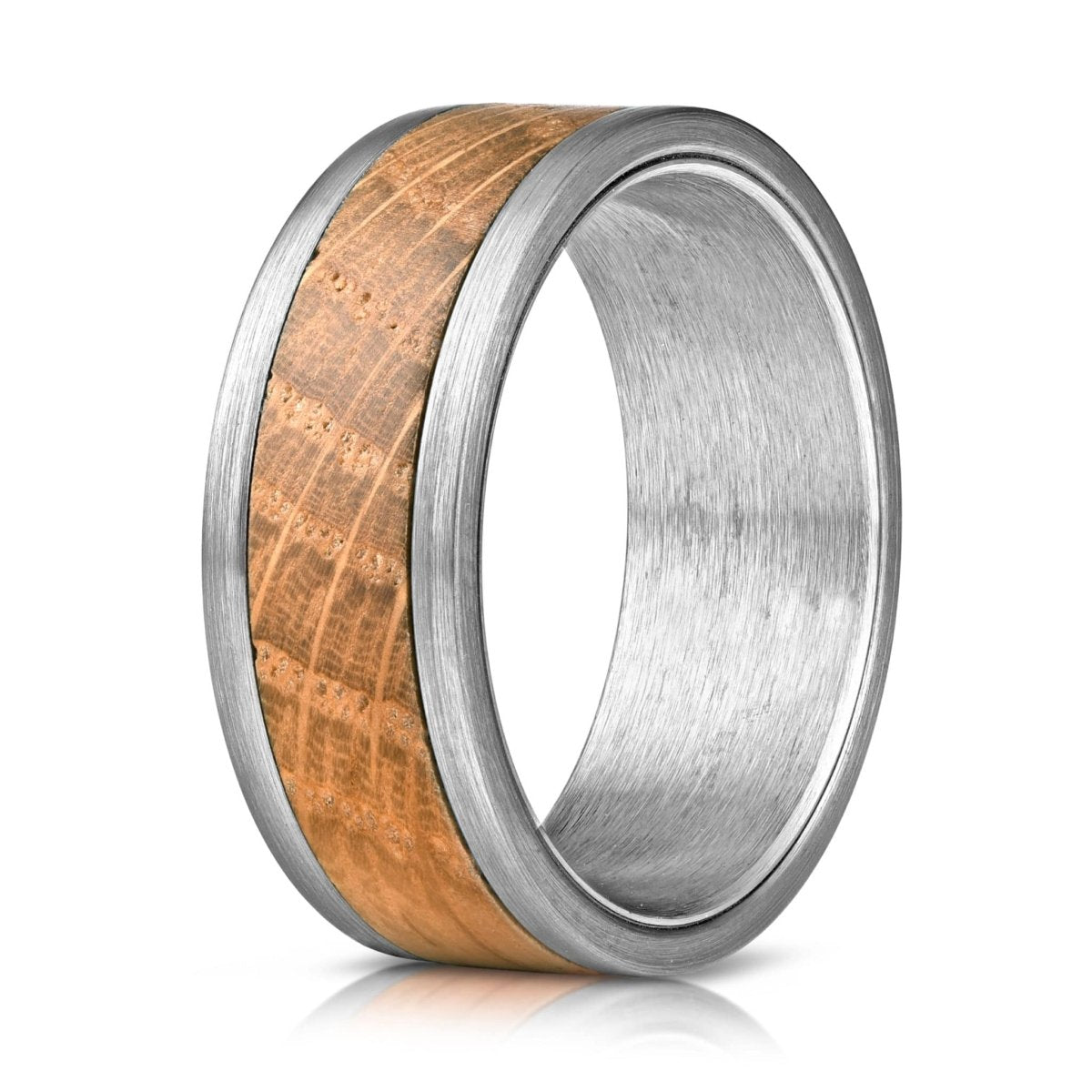 The Distillery, a silver tungsten carbide wedding band that features an oak whiskey barrel wood inlay and sleek brushed finish.
