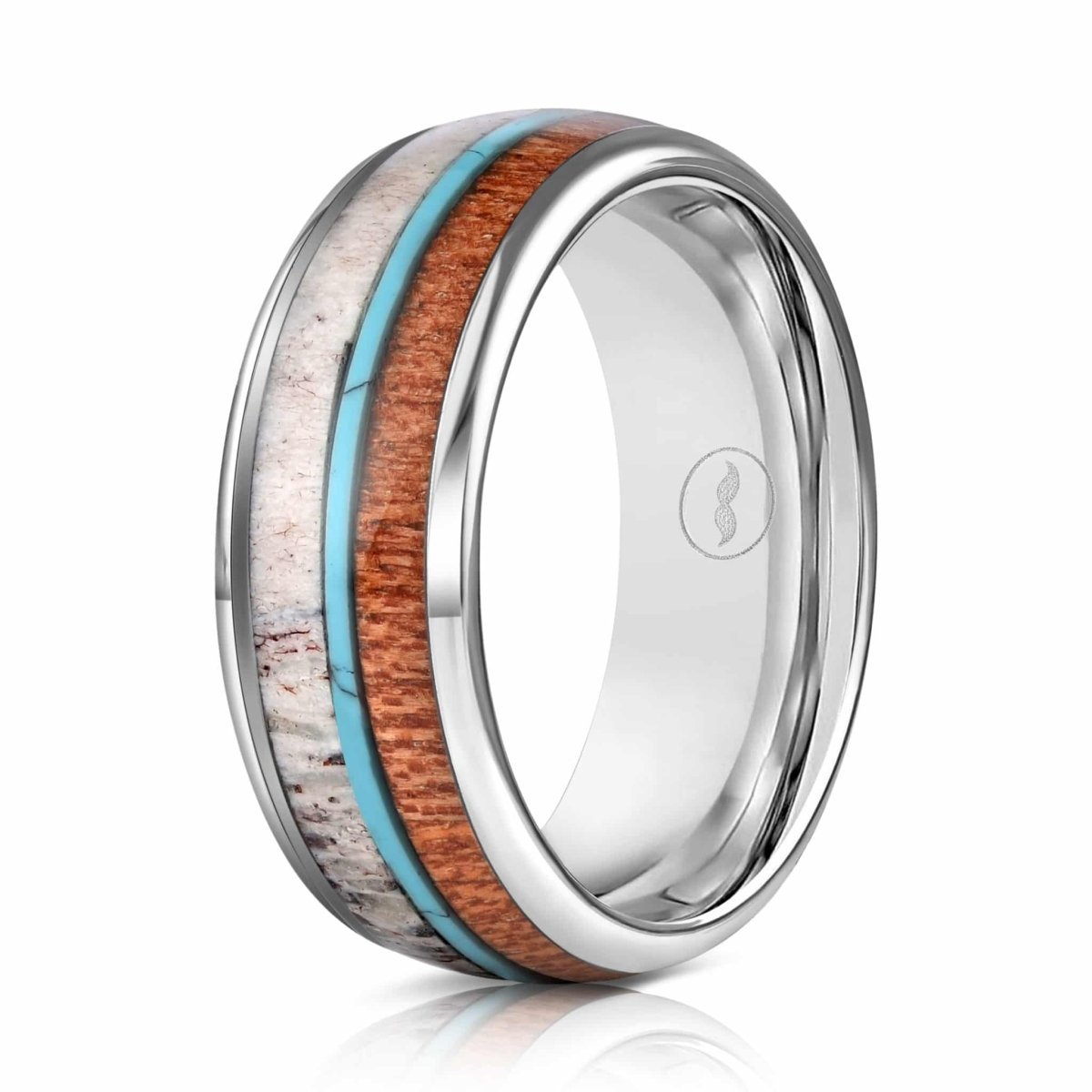The Frontiersman, a 8mm silver tungsten carbide wedding band that features a polished finish and deer antler and koa wood inlay with a vivid turquoise striped center.