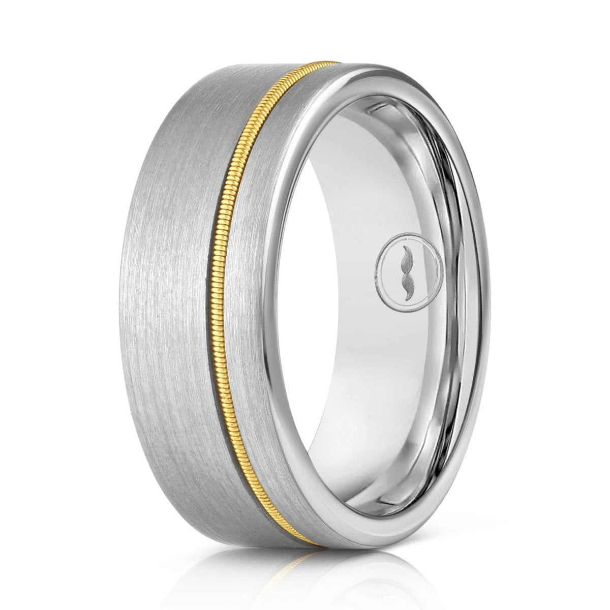 The Guitarist, a silver tungsten carbide ring with a brushed finish inlayed with a gold guitar string.