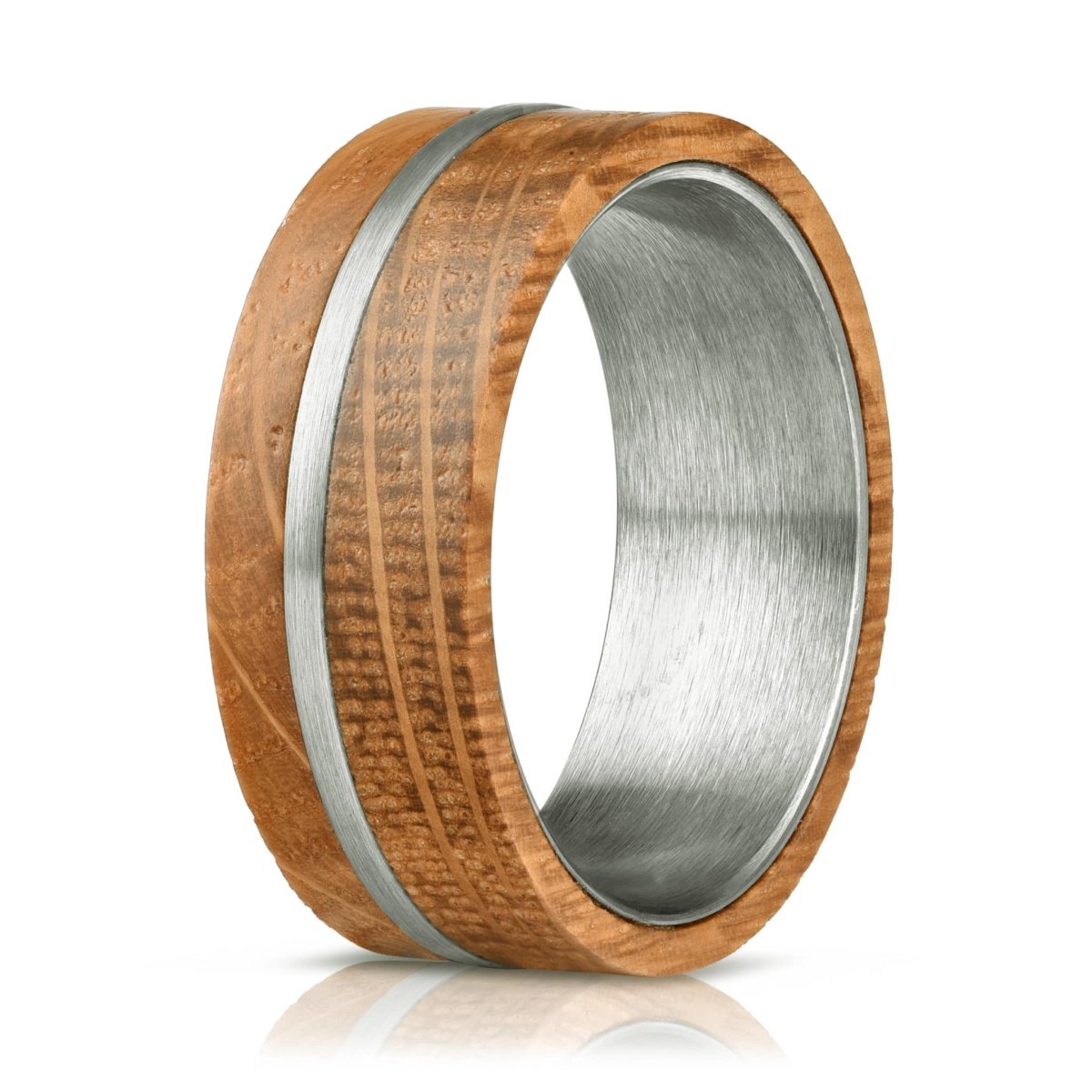 The Oakwood, a whiskey barrel oak wood wedding band paired with a silver tungsten carbide inlay and sleeve with a brushed finish.