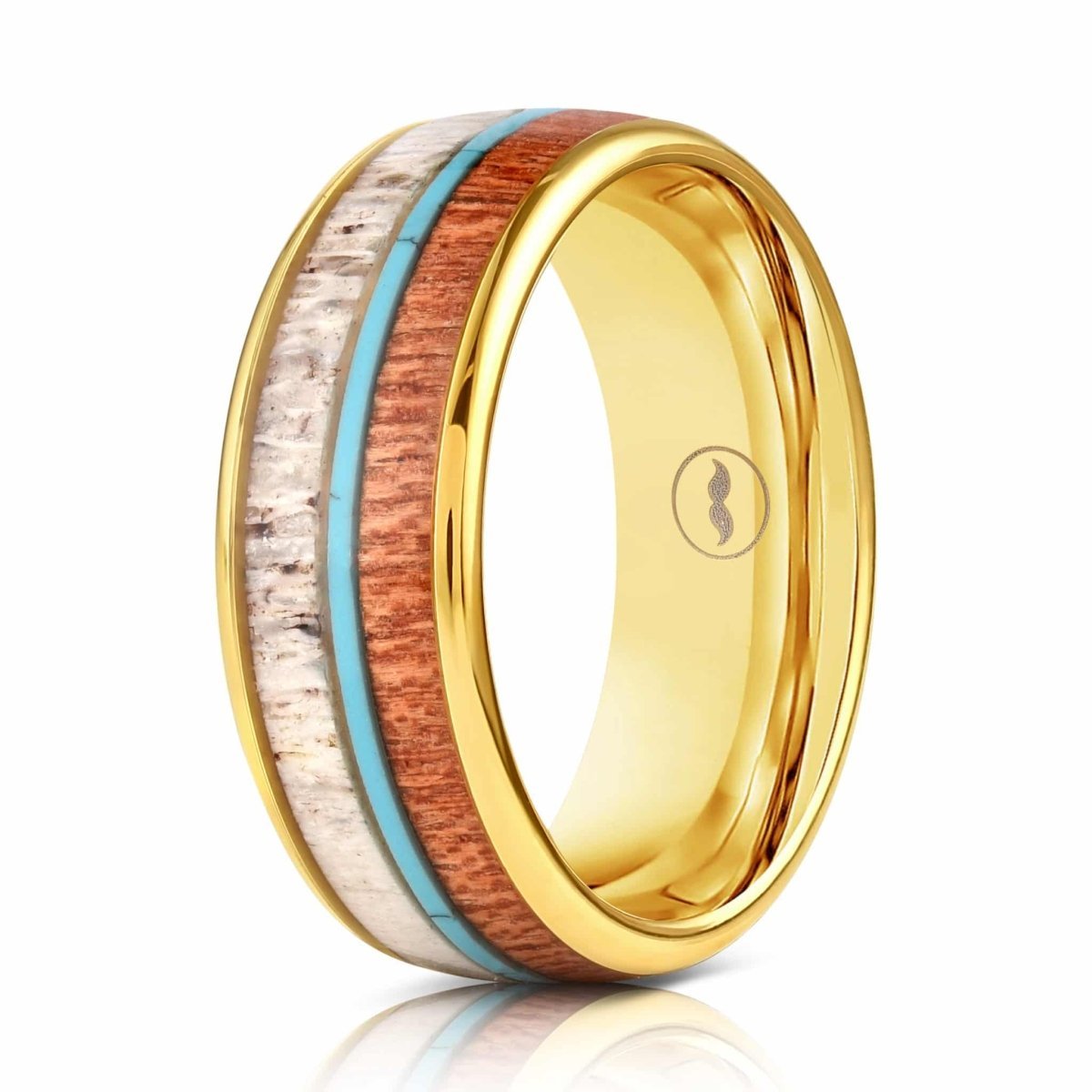 The Ranger, a gold tungsten scratch resistant wedding band that features a deer antler and Hawaiian koa wood inlay with a vibrant turquoise striped center.