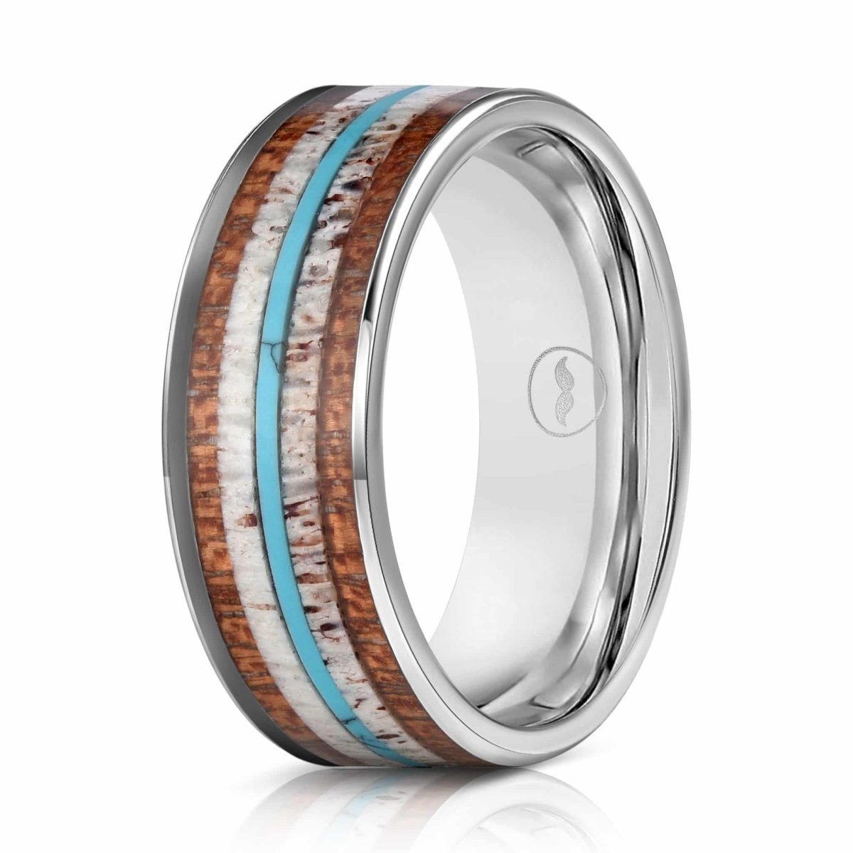 The Stag, a silver scratch resistant tungsten wedding band that features a deer antler and koa wood inlay with a turquoise center stripe with a polished finish.